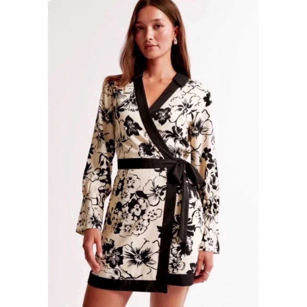 Abercrombie & Fitch Womens Black Cream Floral Wrap Mini Dress Long Sleeve